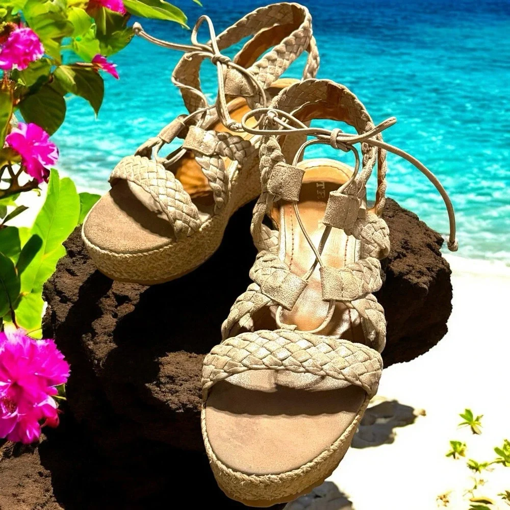 Trask Patrice Braided Wedge Platform Sandals Gold Shimmer‎ Size 9 Coastal Boho